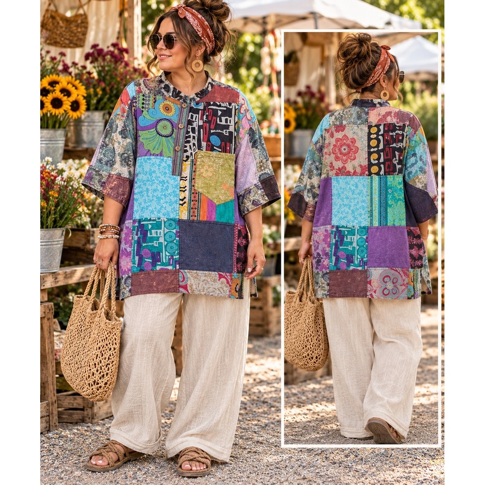Jayli Patchwork Cotton Tunic Womens Sz XXL Boho Hippie Festival